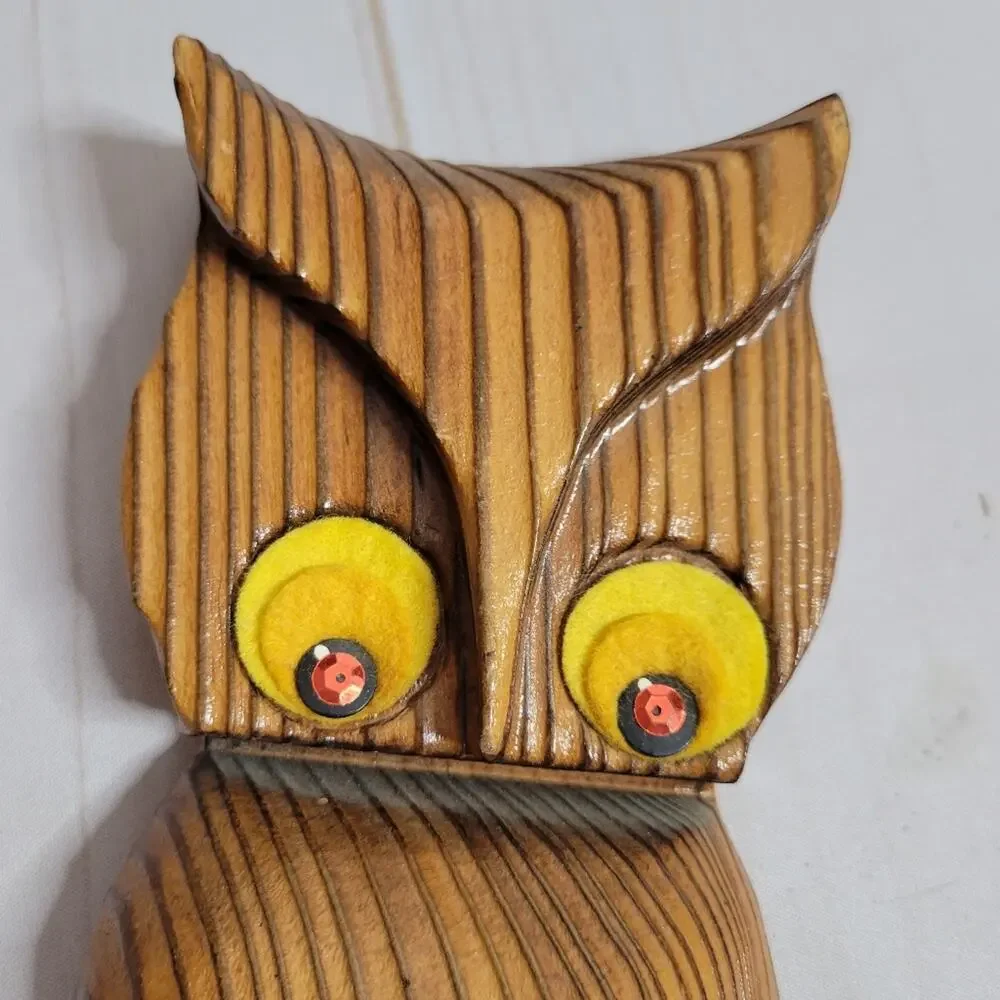 Vintage 60s 70s MCM Wooden Owl Wall Art, 4x9